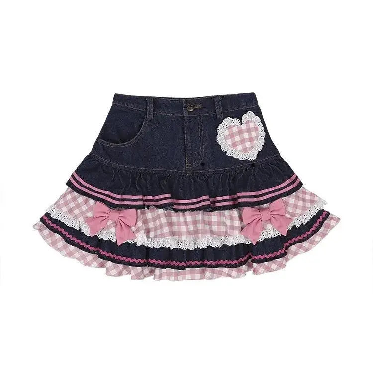 Ingvn  Preppy Style Lolita Kawaii Skirts Japanese Sweet Mini Women Harajuku Cute Ball Denim Y2K High Waist Lace Cake Skirts