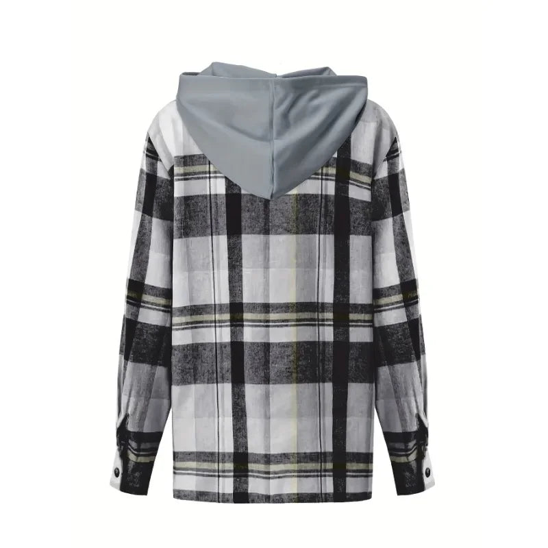 Ingvn  Plus Size Women Fashion Plaid Printed Hoodies Shirt Blouse Ladies Casual Loose Long Sleeved Shirt Lapel Design Shirt Tops