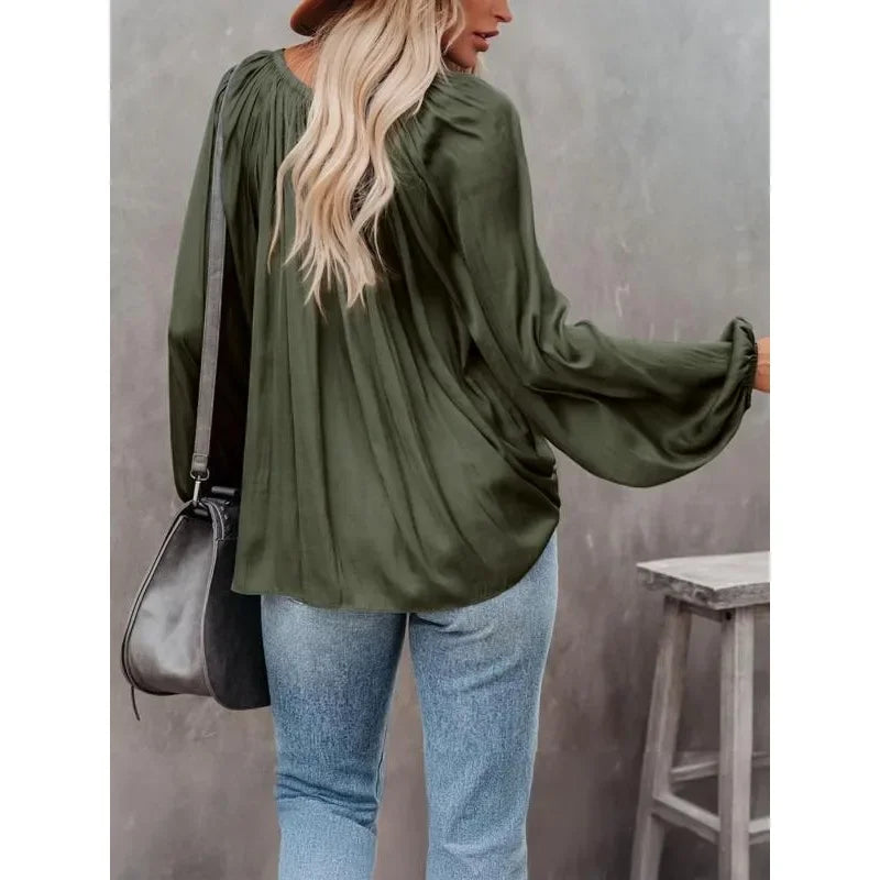Ingvn  Plus Size 1XL-5XL Fashion Long Sleeve V Neck Office Casual Shirt Women Elegant Simple Loose Blouse Lady Pleated Solid Color Top