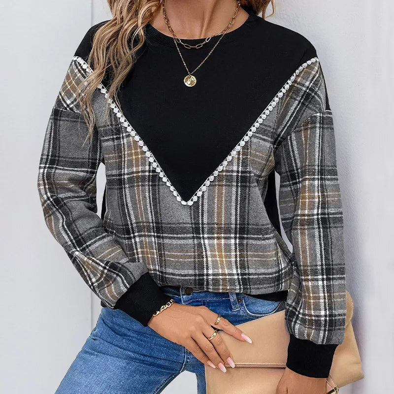 Ingvn - Women Round Neck Plaid Color Block Sweatshirt Lace Trim Long Sleeve Casual Pullover Top