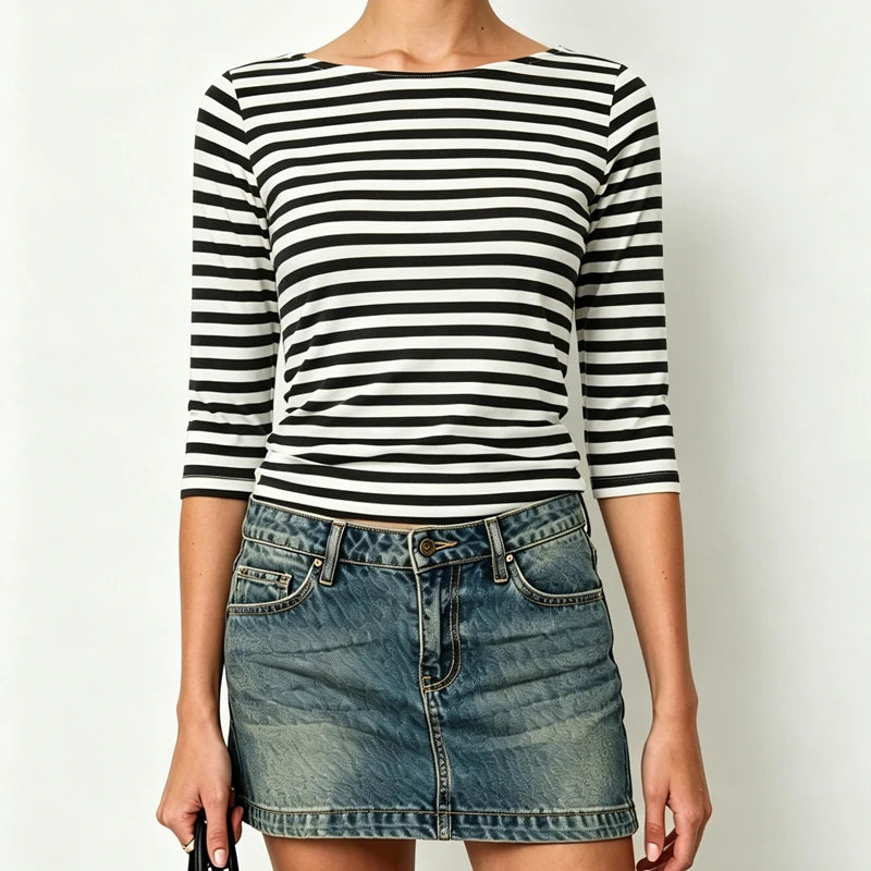 Ingvn  Women's Y2k American Retro Striped Contrast Color T-Shirts Boat Neck Three Quarter Sleeve Tee Tops Club Streetwear