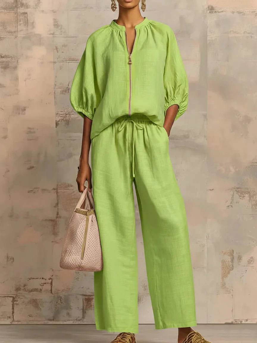 Ingvn  Womens Matching Sets Summer Casual Loose Zipper Tops And Wide Leg Pants 2 Piece Set Outfits Women Elegant