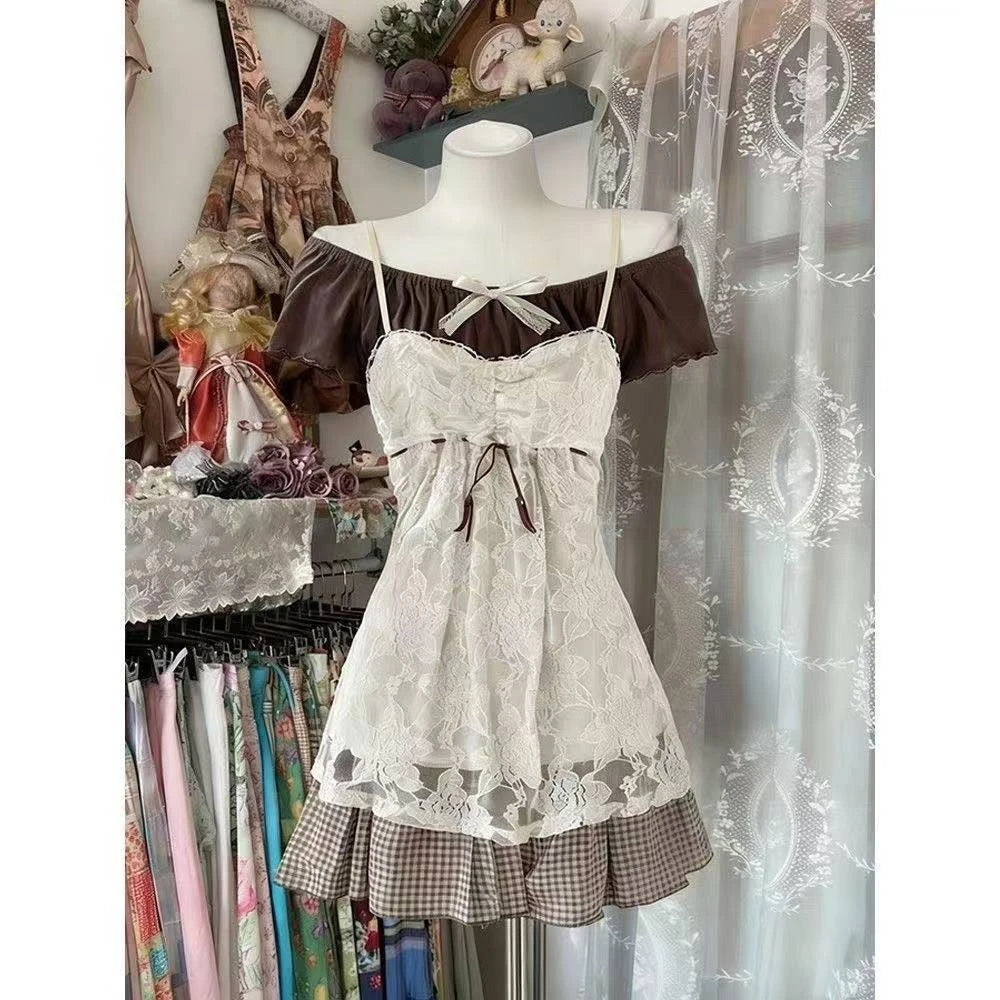 Ingvn  Retro Japanese Lolita Outfits Women Sweet Kawaii Tops Ruffle Mini Dress Suits Y2k Preppy Casual 2 Piece Sets