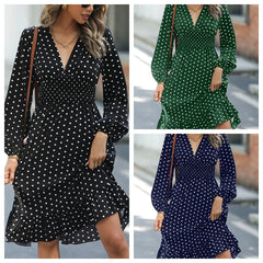 Ingvn  Waist Slimming Polka Dot Long Sleeve Elegant Dress