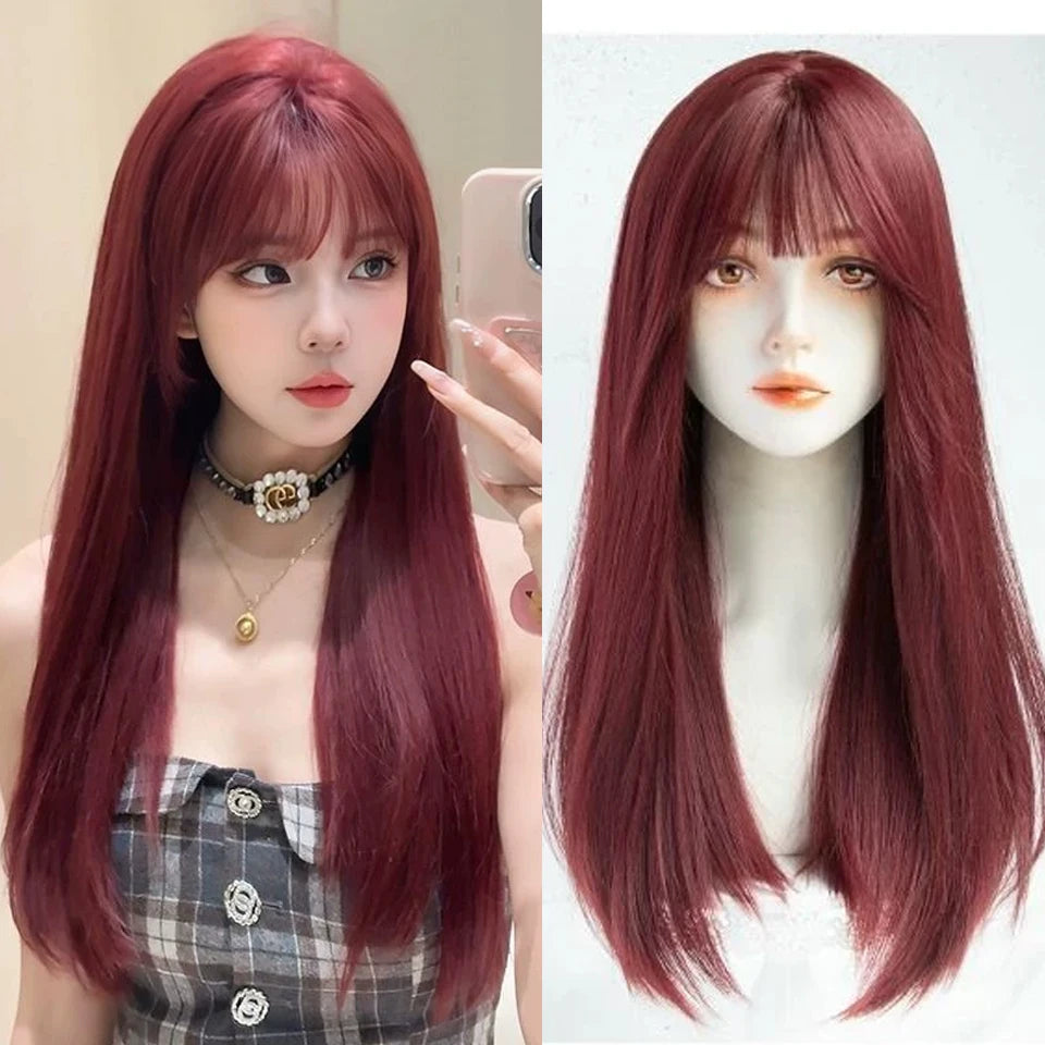 Ingvn  Long Wavy Pink Wig with Bangs Synthetic Cosplay Natural Lolita Purple Green Wig Halloween Costume Wig for Women Daily Wear