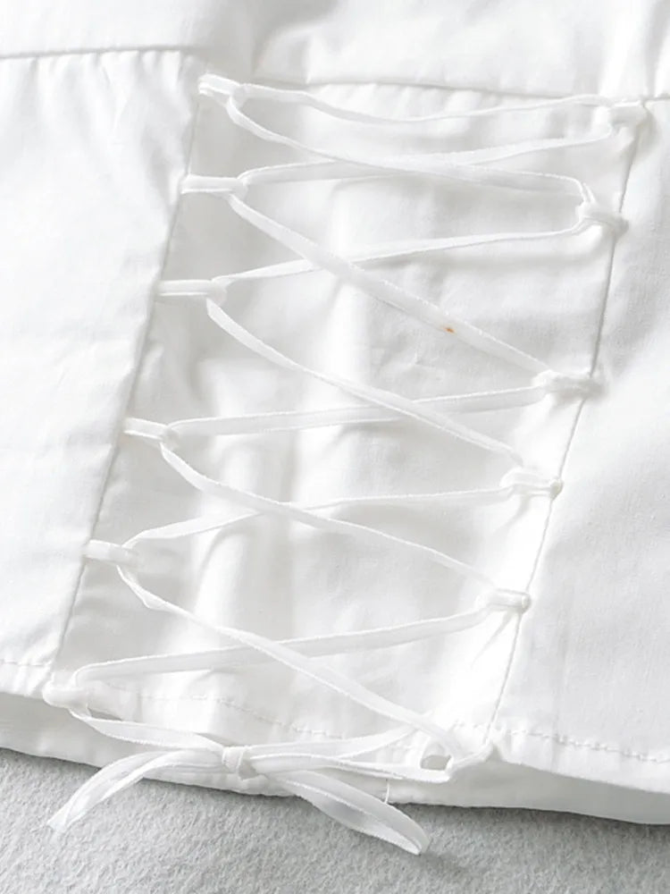 Ingvn  Fashion White Spliced Lace Ruched Slim Sexy Corset Women Summer Back Cross Lace-up Bandage Tank Tops Square Collar Crop Top