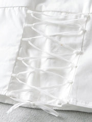 Ingvn  Fashion White Spliced Lace Ruched Slim Sexy Corset Women Summer Back Cross Lace-up Bandage Tank Tops Square Collar Crop Top