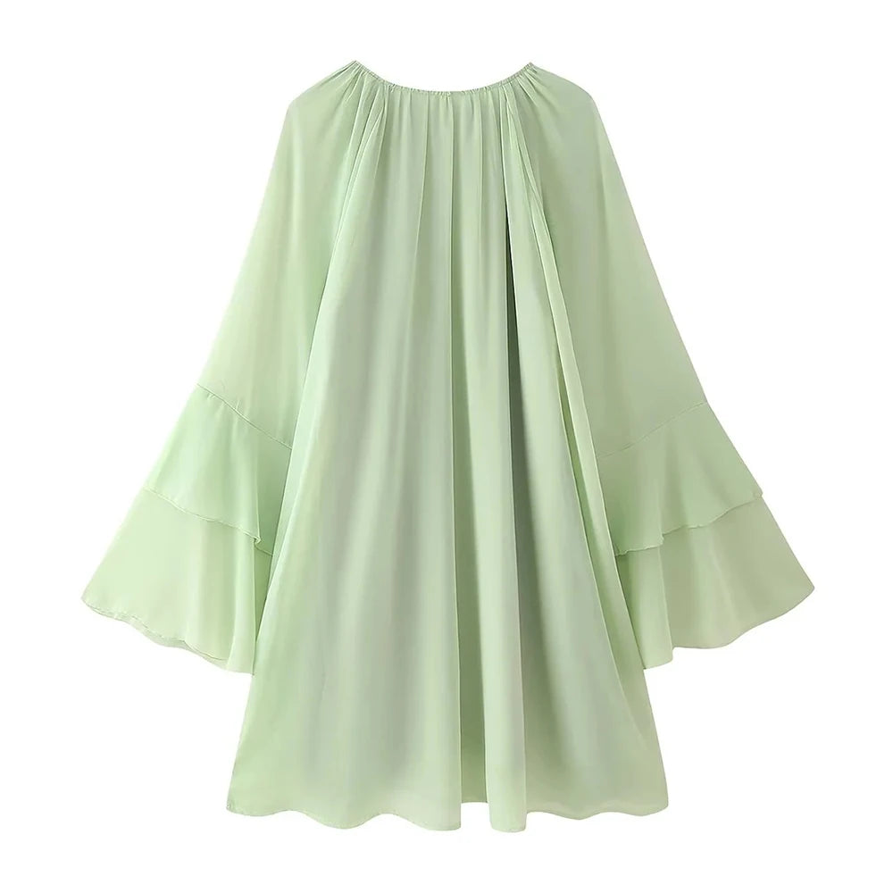 Ingvn  Solid Minimalist Mini Dresses For Women Round Neck Long Sleeve High Waist Elegant Dress Female Fashion New Style