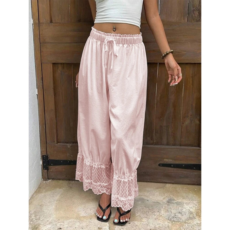 Ingvn  Women Mesh See-through Floral Lace Patchwork Ruffle Hem Bloomer Pants Loose Drawstring Elastic Waist Cropped Trousers