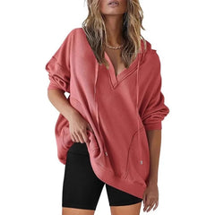 Ingvn - Women Solid Wfle Knit Hoodie V Neck Long Sleeve Loose Casual Pullover Top