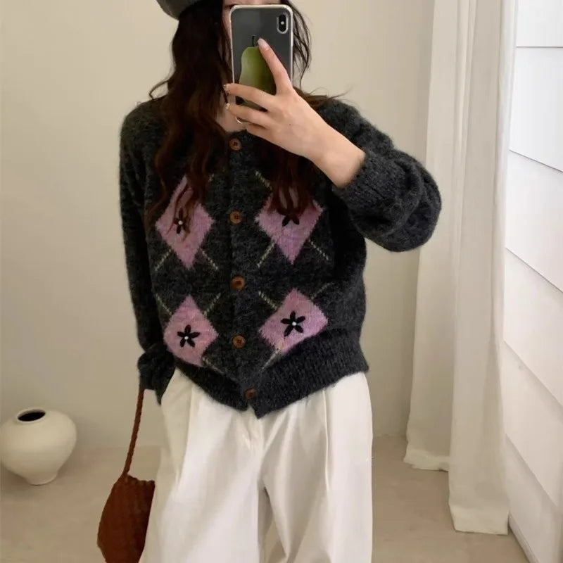 Ingvn - Women's Autumn Winter New Round Neck Color Block Argyle Knit Cardigan Loose Sweater Coat Chic Coquette Trendy  Sweater