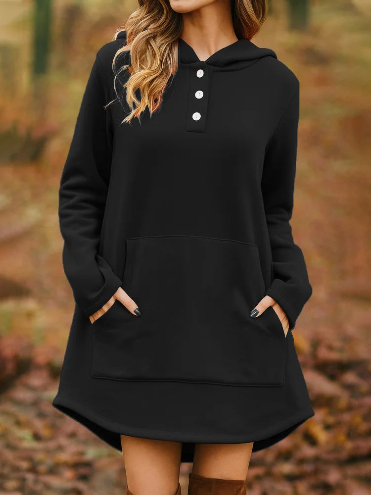 Ingvn - European American Autumn Winter New Style Women Casual Loose Fashion Solid Color Long Sleeve Pocket Pullover Hooded Sweatshirt