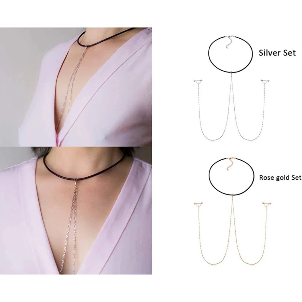 Ingvn  Fake Nipple Rings Chain Punk Chokers Velvet Gothic Choker Necklaces Stainless Steel for Women Nipple Barbell Piercing Jewelry