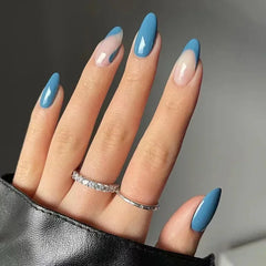 Ingvn  24Pcs Simple Green French False Nails Short Almond Fake Nails with Wave Line Design Wearable Round Head Press on Nail Tips