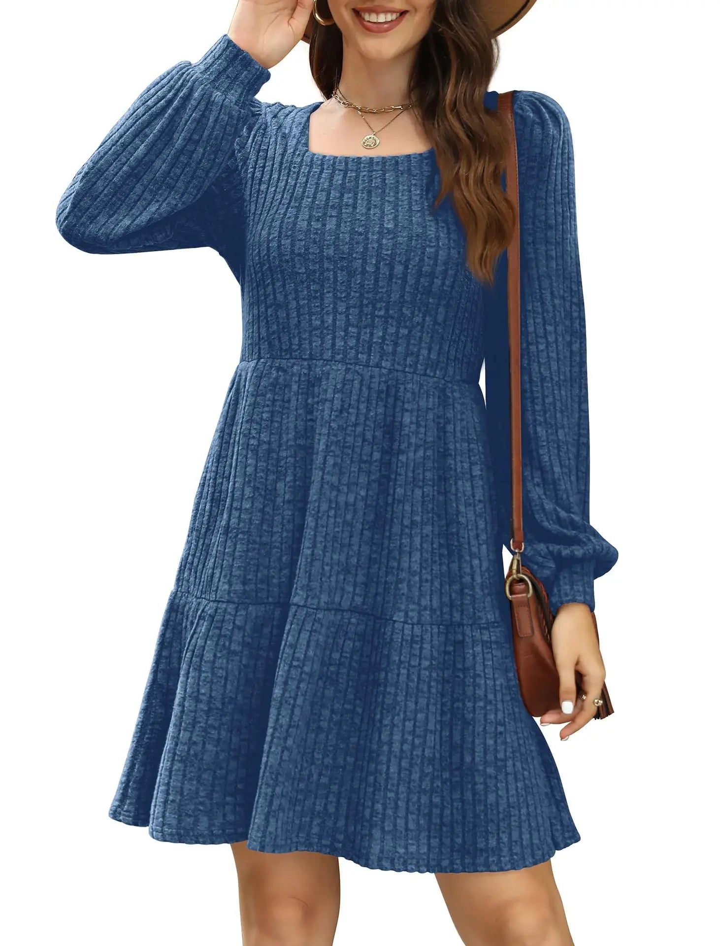 Ingvn  European and American Women's Square Collar Long Sleeve Autumn Dress Casual Baby Sweater