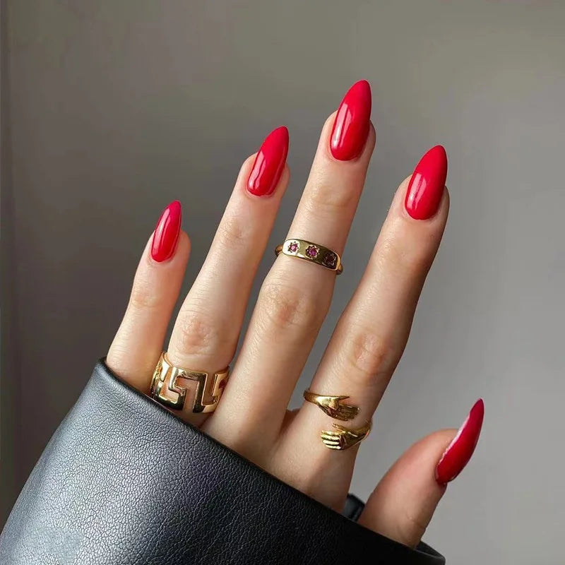24Pcs Almond Shaped Wearable False Nails Medium Length Solid Colour Acrylic Press on Nail Red Full Coverage Removable Fake Nails