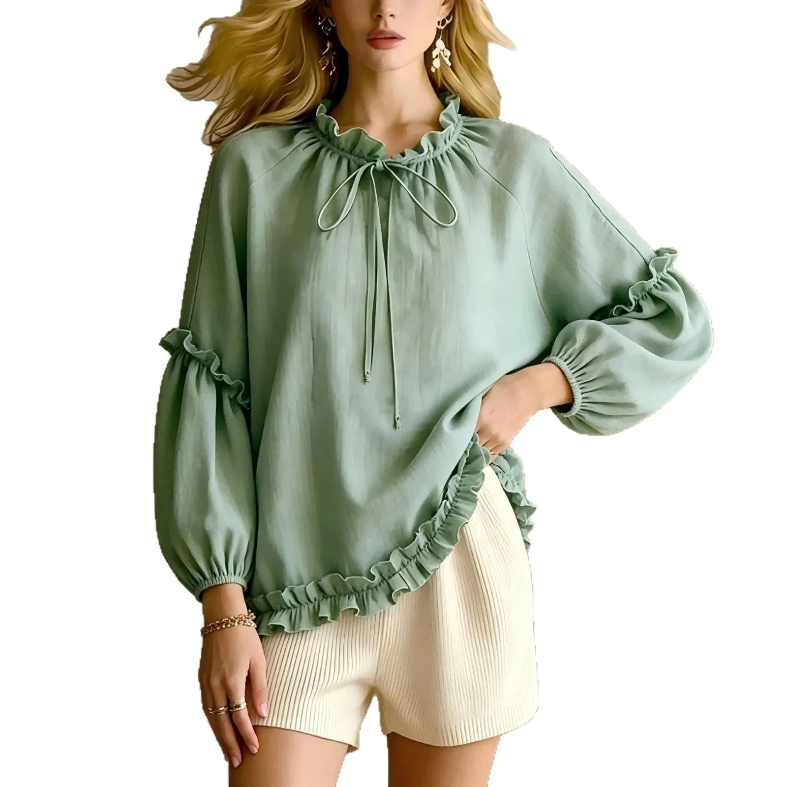 Ingvn  Women's Pullover Round Neck Loose Long Sleeve Shirt Ear-trimmed Shirt with A Loose and Laid-back Style Shirt Top