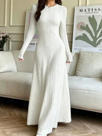 Ingvn - New Autumn And Winter Women's Slim Casual Fit Fashionable Women's Knitted Pit Stripe Solid Color Long Sleeved Round Neck Dress
