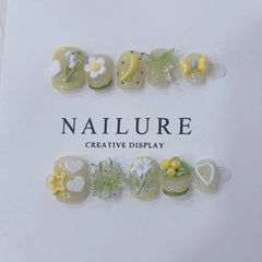 Ingvn  10pcs Handmade Finger Nails Spring Ready-made Artificial Nail Tips 3d Flowers Short False Nails Aesthetic press on Nails