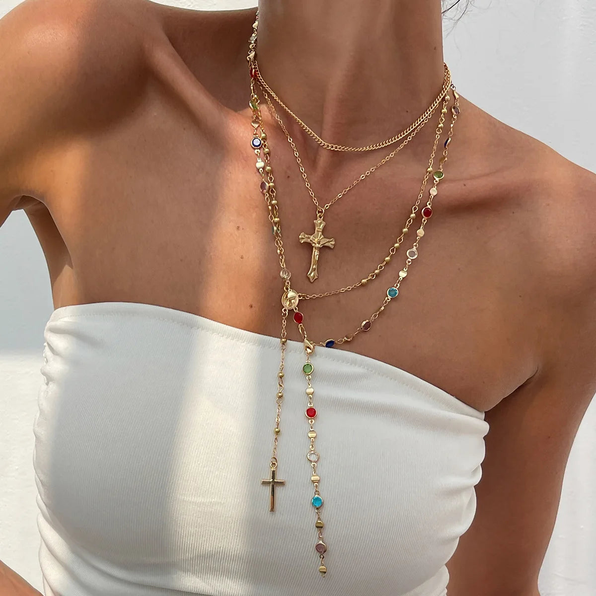 Ingvn  Cross Colorful Crystal Necklaces For Women Simple Gold Silver Color Y-Shaped Pendant Necklace Set New Christian Jewelry