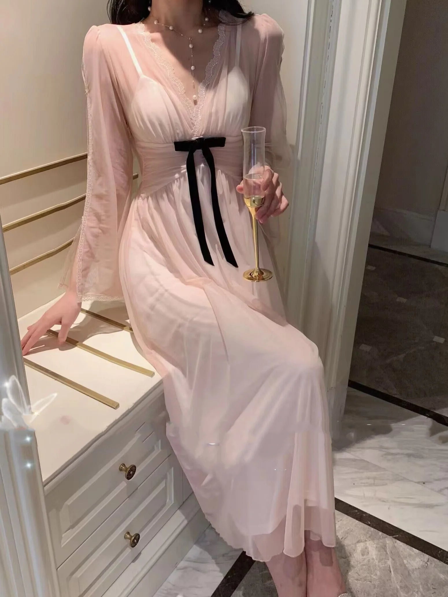Ingvn  Retro Chinese Style Soft Pink Ethereal Nightgown with Lace  Knot Home Use Vest Pad Included V-Neck Midi Skirt