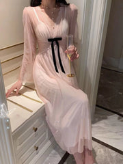 Ingvn  Retro Chinese Style Soft Pink Ethereal Nightgown with Lace  Knot Home Use Vest Pad Included V-Neck Midi Skirt