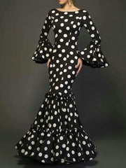 Ingvn  Polk Dot Print Long Dress for Women Flare Sleeve Ruffle Elegant Sexy Trumpet Dress Slim Round Neck Temperament Female Dresses