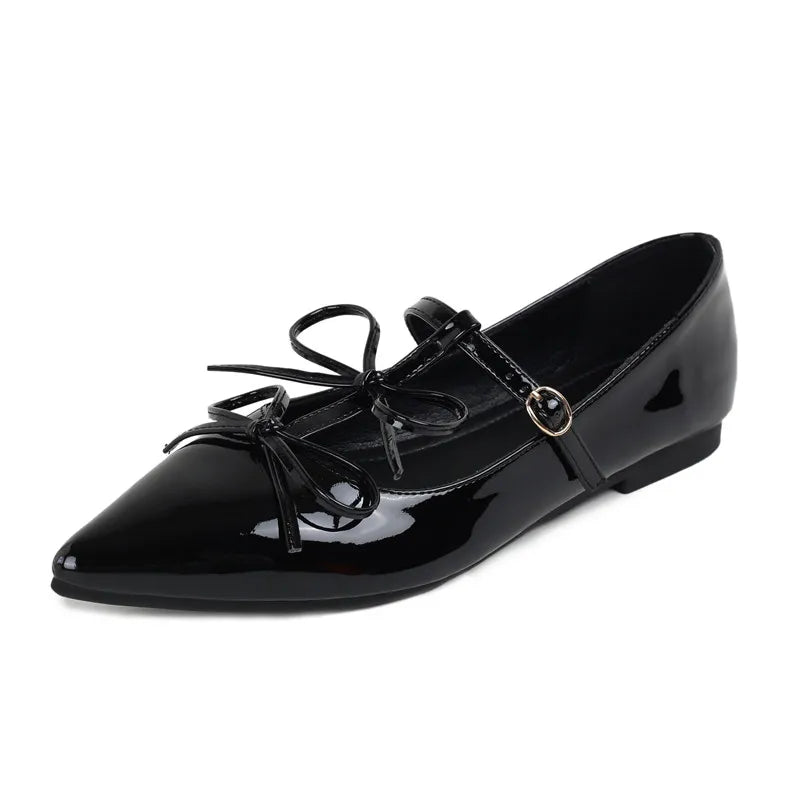 Ingvn  Fashion Patent Leather Bowknot Mary Janes Women Flats Pumps Spring Summer Elegant Pointed toe T-Strap Ladies Flats Party Shoes