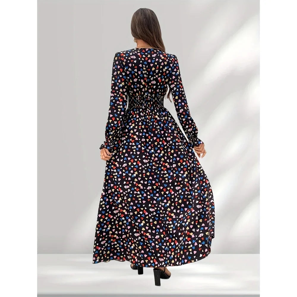 Ingvn  Fashion Floral Printed Long Party Dress For Women V-neck Long Sleeved Casual Elegant Maxi Dress