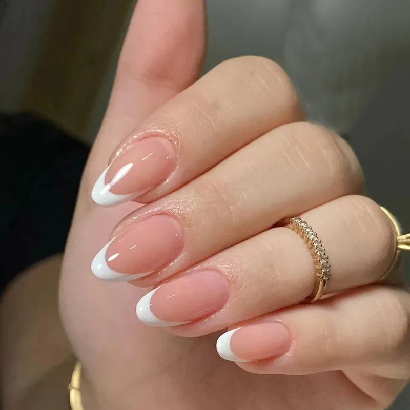 Ingvn  24Pcs Simple Green French False Nails Short Almond Fake Nails with Wave Line Design Wearable Round Head Press on Nail Tips