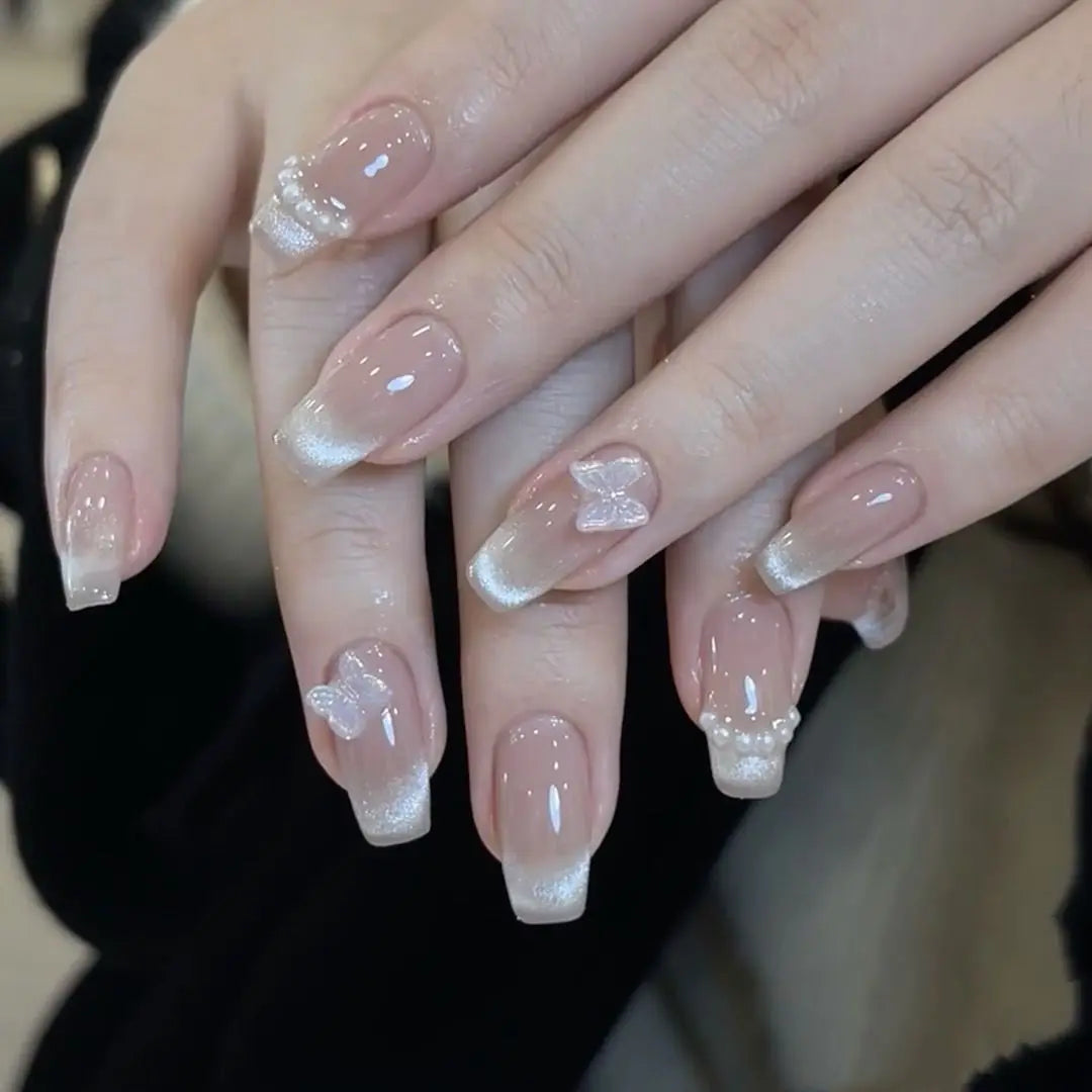 Ingvn  24Pcs Pink Ballet Fake Nails Full Cover Nail Tips Long Ballet False Nails with Rhinestone Chain Design Wearable Press on Nails