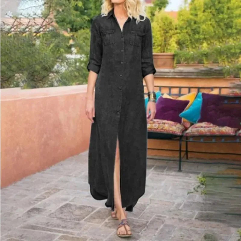 Ingvn  Women's Summer Solid Color Casual Pocket Denim Long Dress Fashionable Flip Collar Button Long Sleeve Denim Loose Long Dress