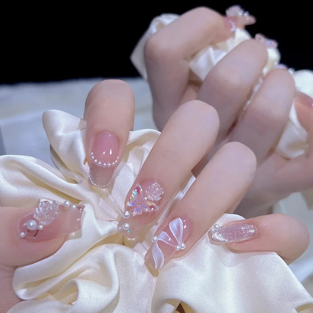 Ingvn  24Pcs Pink Ballet Fake Nails Full Cover Nail Tips Long Ballet False Nails with Rhinestone Chain Design Wearable Press on Nails
