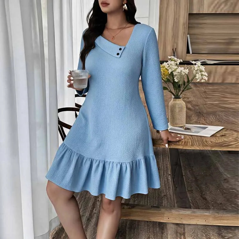 Ingvn - New Long Sleeve Dresses for Women Skew Collar Women Dress Elegant Solid A-LINE Dress Women Vestidos De Verano Mujer