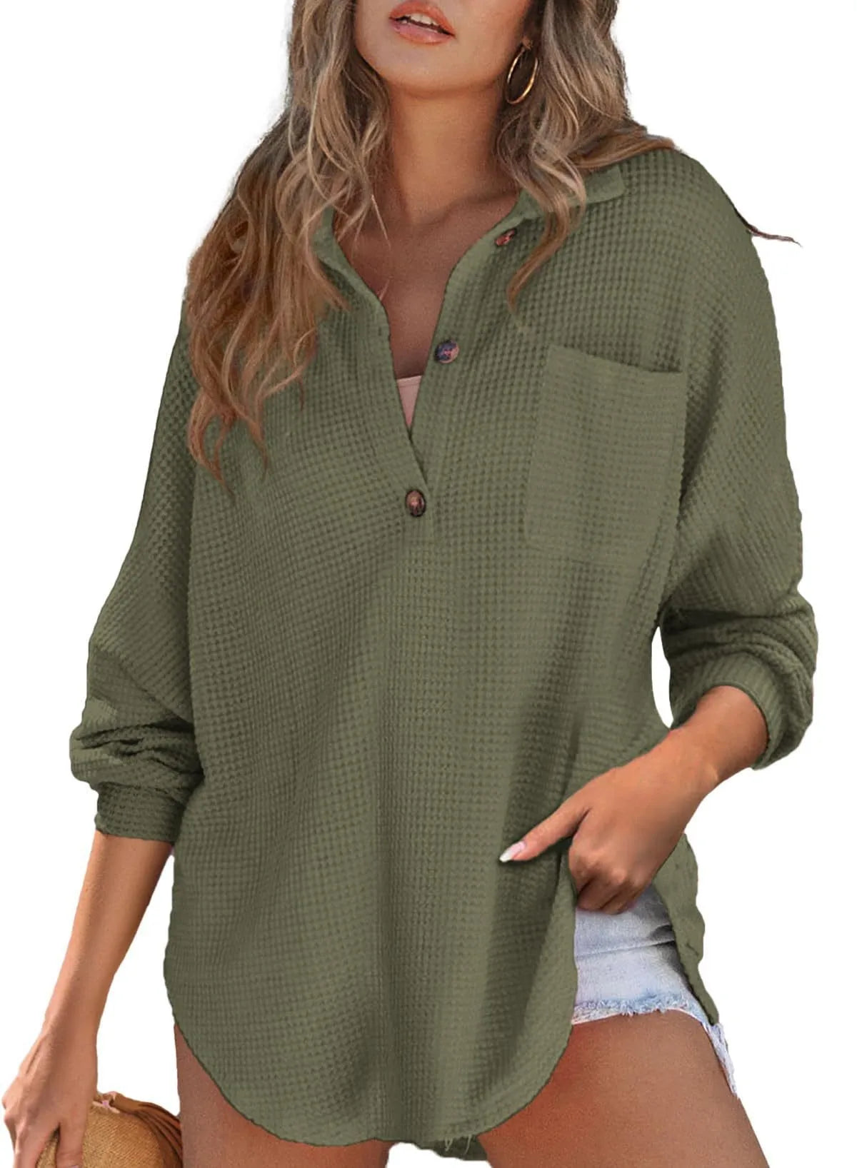 Ingvn  Spring Summer Women's Clothing Short Sleeve Waffle Knit Casual Wear Regular Fit Polyester Button Up Shirt For Ladies