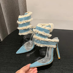 Ingvn  New Design Denim Ankle Snake Surround Strap Sandal Women Transparent PVC Summer High Heels Party Stripper Shoes Pumps