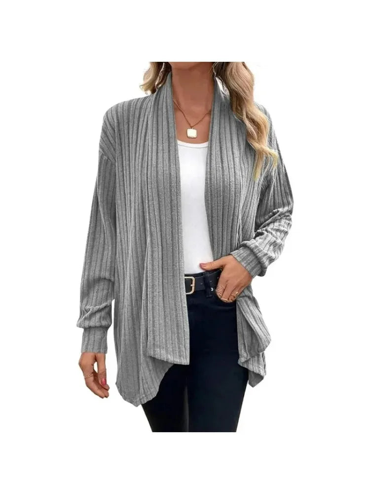 Ingvn  Fashion Women's Fashion Solid Color Autumn Winter Elegant Irregular Ribbed Cardigan Jacket Female Long Sleeve Loose Outwear Coat