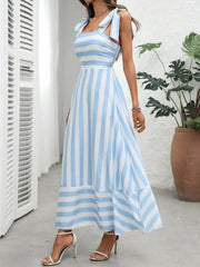 Ingvn  Summer Spring Women's Clothing Striped Strap High Waist A Line Dress Polyester V Neck Sleeveless Slim Fit S