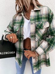 Ingvn  Women‘s Trendy Retro Plaid Shacket Oversized Flannel Shirt Jacket Ladies Pocket Long Sleeve Open Front Casual Checkered Top Fall