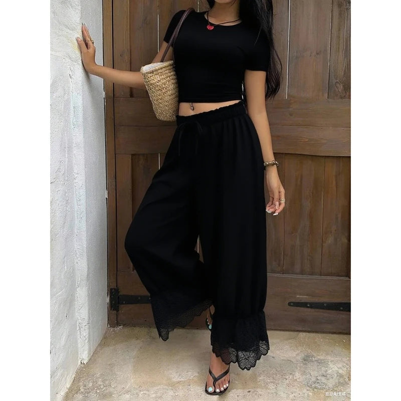 Ingvn  Women Mesh See-through Floral Lace Patchwork Ruffle Hem Bloomer Pants Loose Drawstring Elastic Waist Cropped Trousers