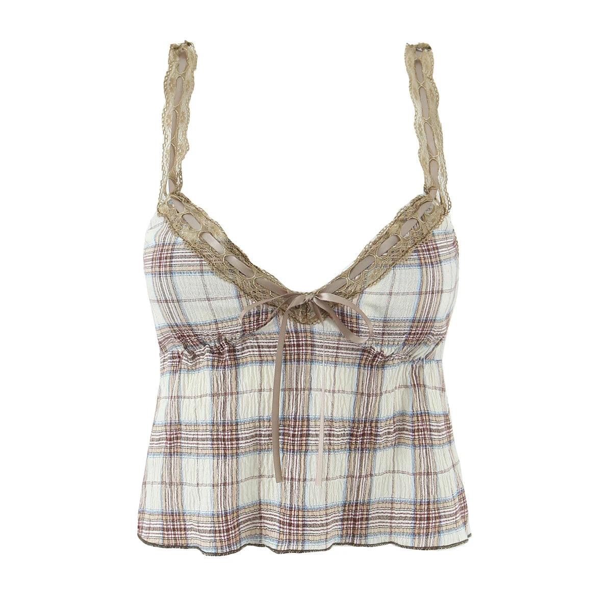 Ingvn  Summer Sexy Plaid Spliced Lace Bow V neck Camis Women Elastic Chest Line Crop Top Camisoles Bra Tank Vest