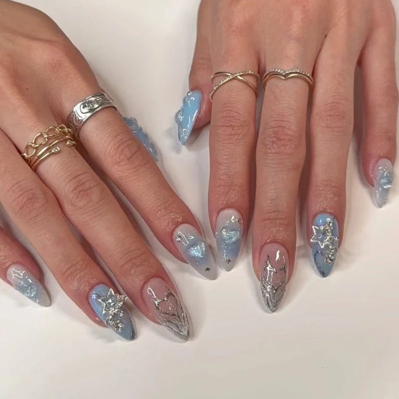 3D Pearl Shell Fantasy Polarized French Almond Shape False Nails Summer Detachable Finished Fake Nails Press on Nails with Glue