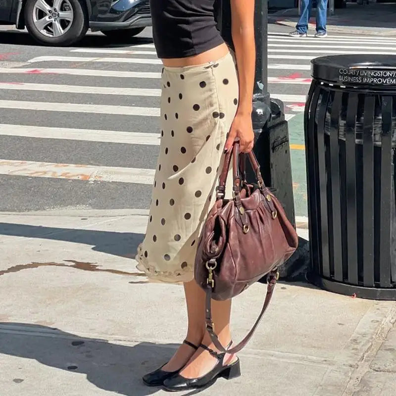 Ingvn  Women Polka Dot Midi Skirt Casual Lettuce Trim Beige Skirt Elegant Streetwear Bottom for Spring All Match Skirts
