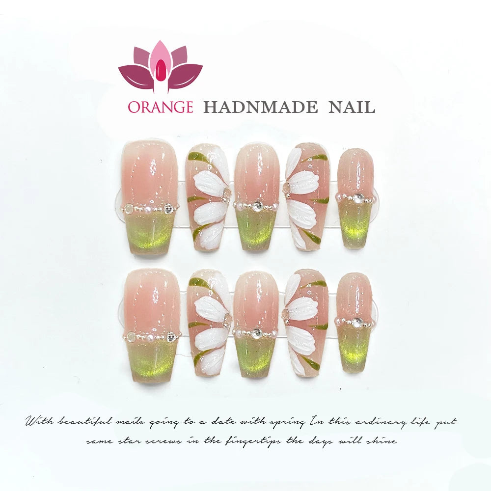 Handmade Press On Nails French Flower Designed Translucent Reusable Fake Nails Artificial Manicuree Wearable Orange Nails Store