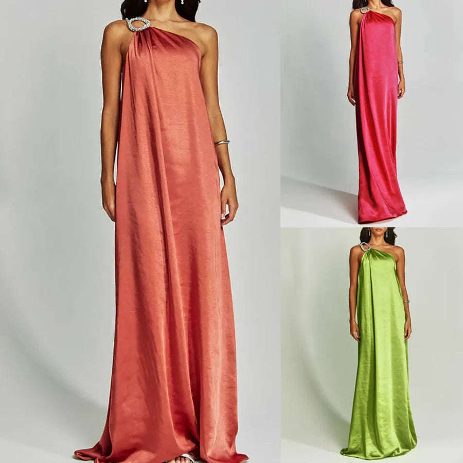 Ingvn  Women One Shoulder Sleeveless Solid Holiday Dress Elegant Ladies Spring Summer Maxi Dress Sexy Backless Party Dress Vestidos