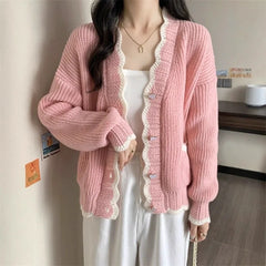 Ingvn - Autumn and Winter Fashion New Korean Heart-shaped Button Knit Cardigan Design Sense Color Blocked V-neck Loose Sweater