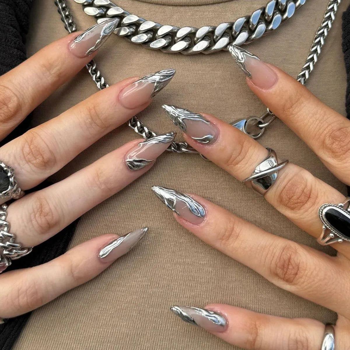 3D Pearl Shell Fantasy Polarized French Almond Shape False Nails Summer Detachable Finished Fake Nails Press on Nails with Glue