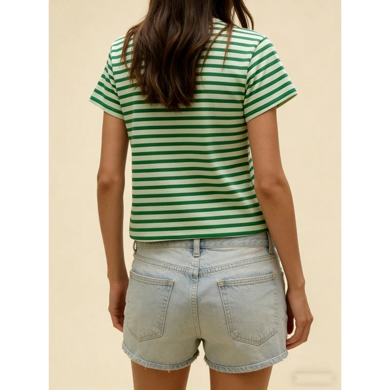 Ingvn  Women's Aesthetic Striped Print Crew Neck Baby Tee Y2k Cute Graphic Short Sleeve Slim Fitted Going Out Crop Top Shirt