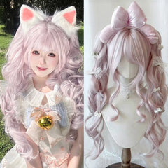 Ingvn - Long Wave Dusky Pink Cosplay Wig with Double Ponytail For Women Daily Party Lolita Synthetic Wigs Christmas Party Natural Wig