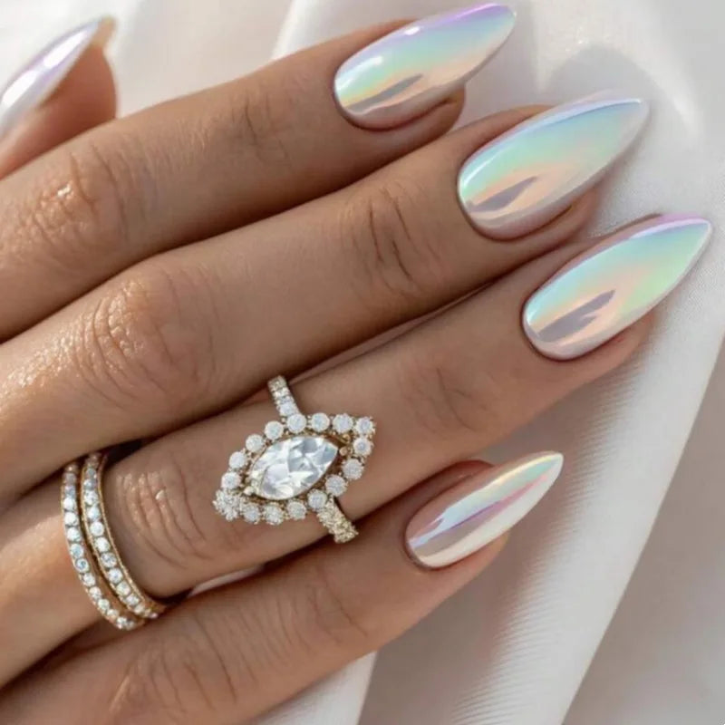 Ingvn  24Pcs Simple Solid Color White Press on Nails Long Style Almond False Silver Nails Fashion Cat's Eye Design Stiletto Nail Tips